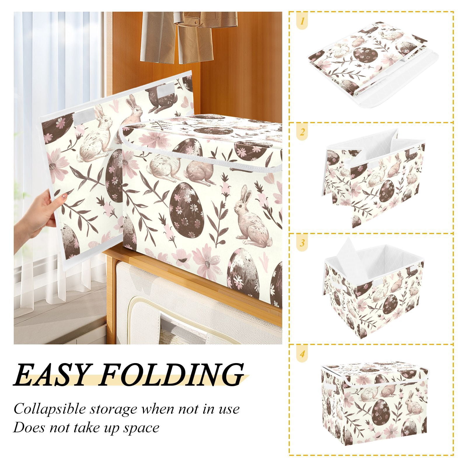Chocolate Easter Eggs Rabbits Storage Basket for Shelves Foldable Container Organizer for Organizing Toys Clothes Books with Handles