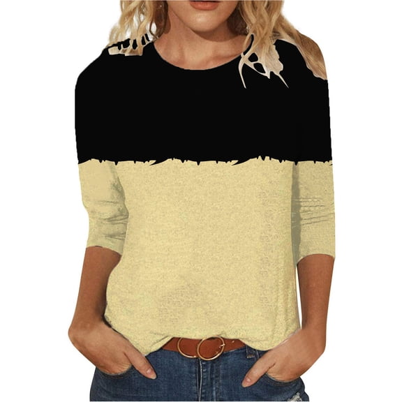 GigrtiJin Womens 3/4 Sleeves Shirts Fall Round Neck Casual Colorblock Pullover Tops Fashion Loose Comfy Blouse