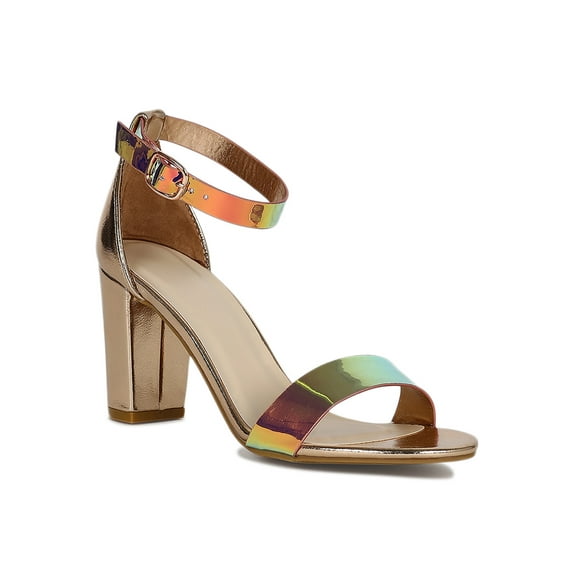 Women Holographic Metallic Ankle Strap Chunky Heel Sandal 18587