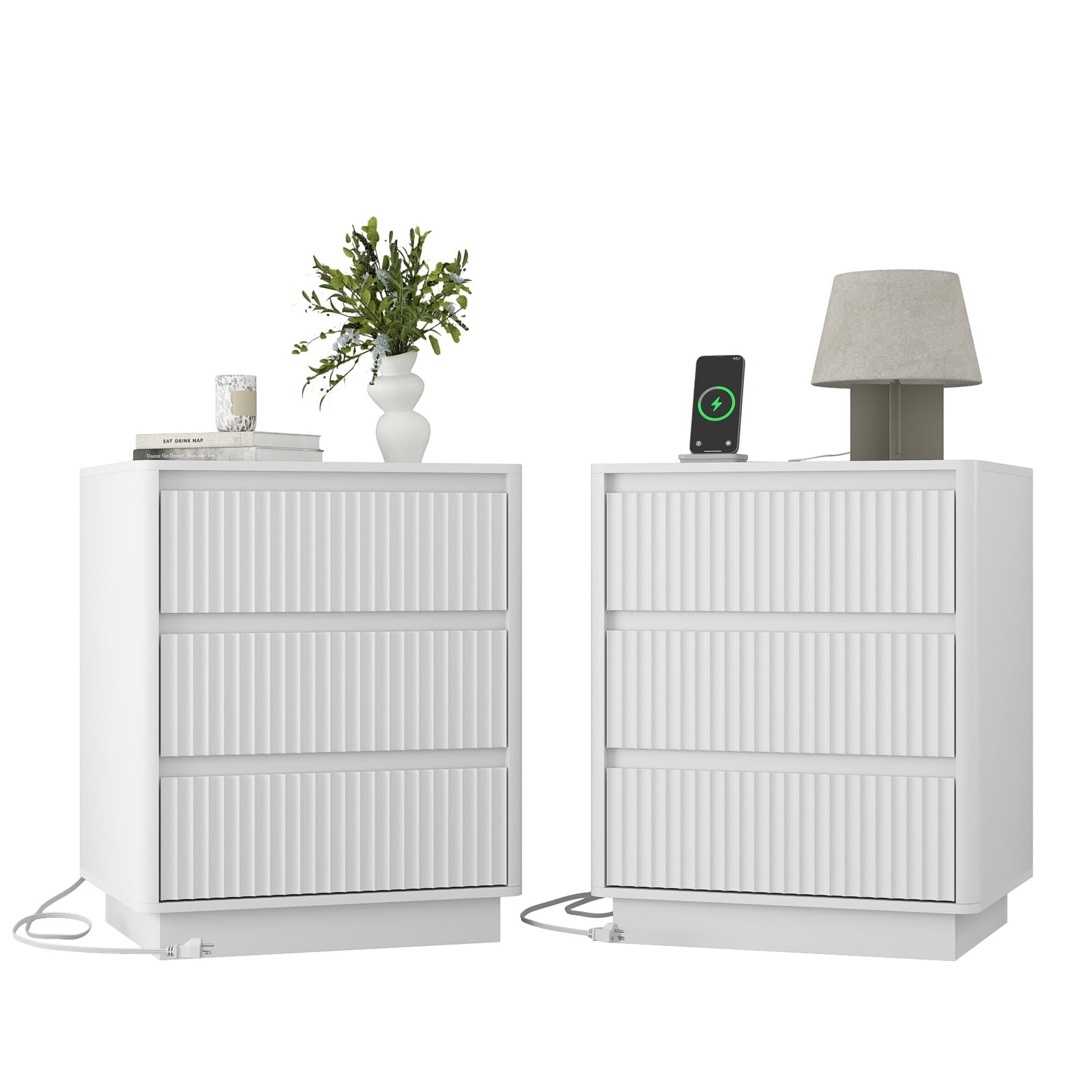 Hommoo Modern Wood 3-Drawer Fluted End Table Set of 2, Bedside Table Nightstand Set with Fast USB Charging Station, for Living Room,Bedroom,Office, White