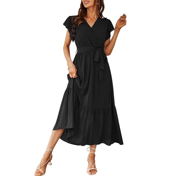 Vestido PRETTYGARDEN Maxi Negro con Volantes y Escote Cruzado XL