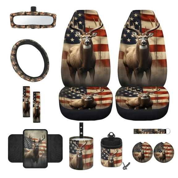 Renewold Deer American Flag 12 PCS Car Seat Cover Set with Front Car Seat Covers Steering Wheel Cover Seat Belt Cover Trash Can Armrest Cover Rear View Mirror Cover Coaster Keychain Air Vent Pouch