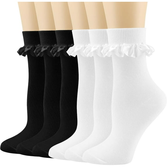 Zhengup Womens Crew Socks Lace Ruffle Frilly Cotton Cute Princess Ankle Dress Socks for Girl 6 Pack