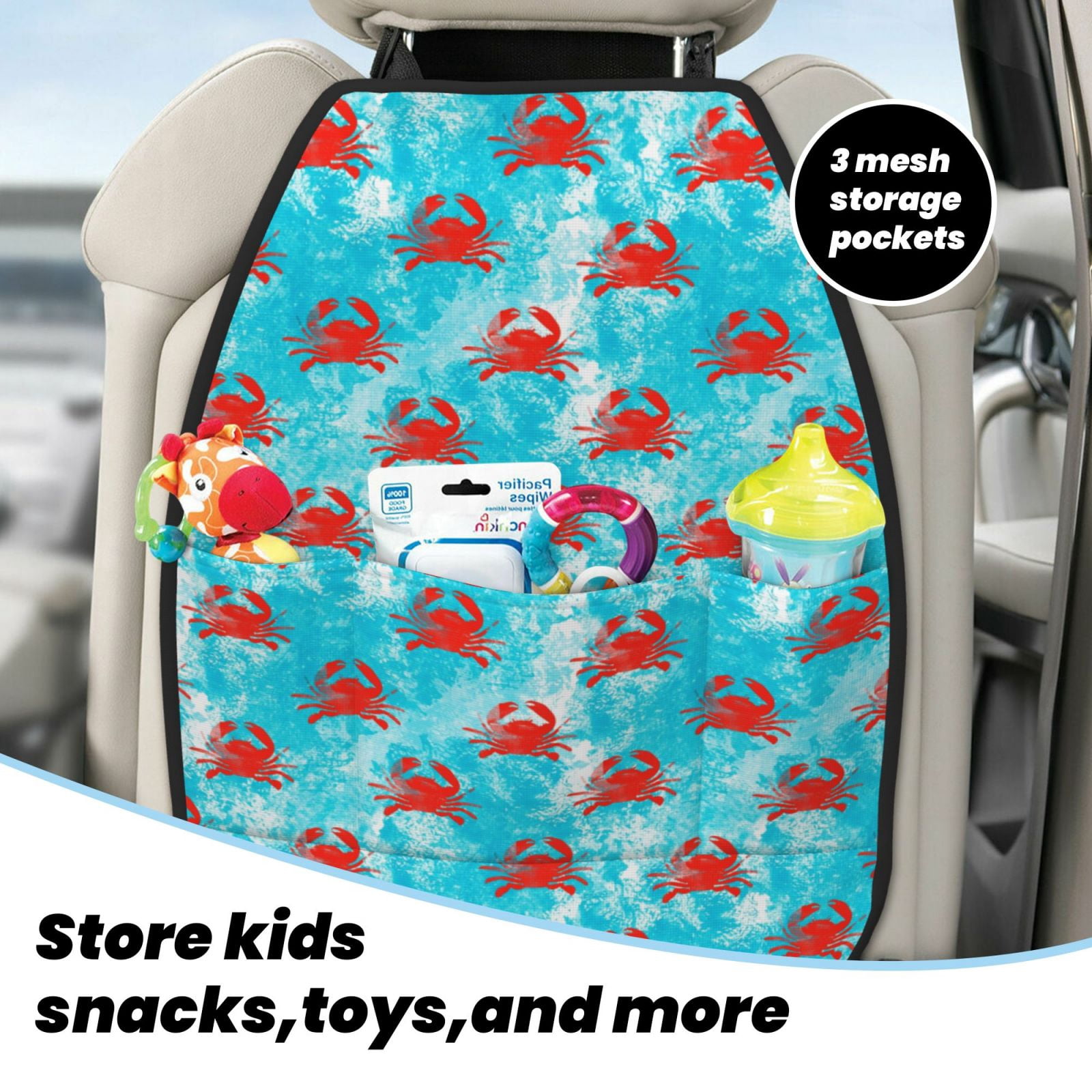 Kdxio Crab Swims In The Ocean Print 2 Pack Car Kick Mat Seat Cover Back Protector Mat with Pockets for Organizer Backseat Protector and Storage Anti Kick Pad for Vehicles