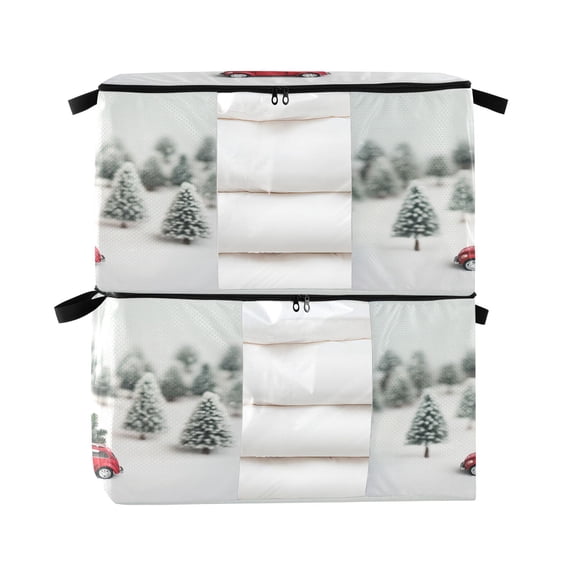 Foldable Clothes Storage Bags Clothes Organizer Bin with Clear Windows for Clothes Bedding Cute Toy Car and Christmas Tree