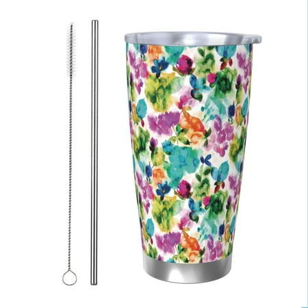 

Zeuib Watercolor Flowers Printed 20oz Stainless Steel Insulated Car Cup Stainless Steel Thermal Cup Vacuum Insulated Leak-proof Travel Mug Cup-Straw Two-piece Set