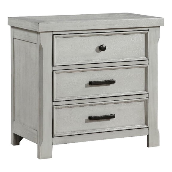 Brok Nightstand- 3 Drawers- Light Gray Acacia Wood- Black Bar Handles