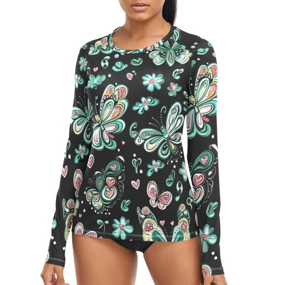 joogoo Womens UPF 50  Sun Shirts Green Butterfly Pattern Long Sleeve UV Protection Rash Guard Tops S