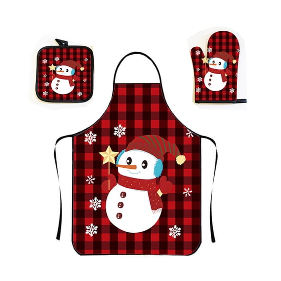 OANLKGI 3PCS Christmas Kitchen Set 23.62 x 31.50 IN Snowman Buffalo Plaid Set Apron Oven Mitt and Pot Holder Textile Collection for Cooking Serving Winter Holiday Kitchen Decoration Multicolor
