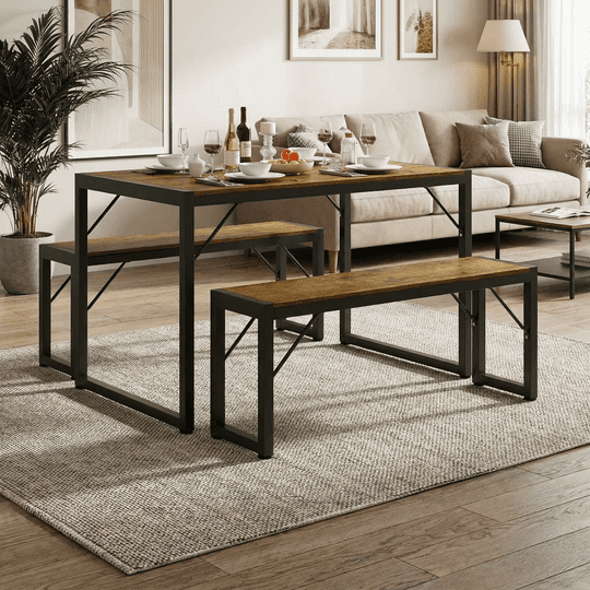 Aiho 45.5" Dining Table Set for 4, Kitchen Table with 2 Benches, Wood Dinette Sets with Metal Frame - Retro