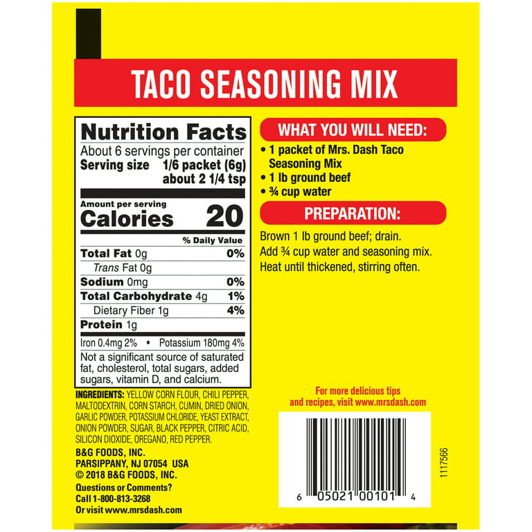 Mrs. Dash Taco Seasoning Mix, 1.25 oz (Pack of 12)