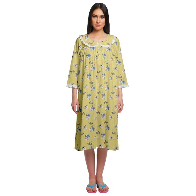 Moomaya Chemise de Nuit en Coton pour Femmes Imprimée Col Rond avec Patte de Boutonnage