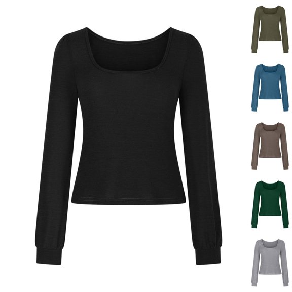 HVOBTTY Women's Long Sleeved T Shirt, Fall Tops for Women, Women's Fashionable Solid Color Crew Neck Sports Everyday Wear Top Black, S
