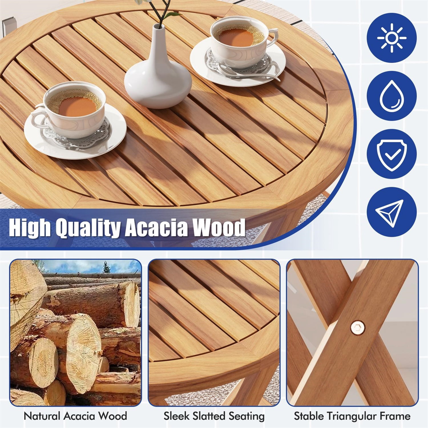 Hommoo 3 Pcs Acacia Wood Patio Bistro Set, Outdoor Folding Table and Chair Set with Gray Cushions