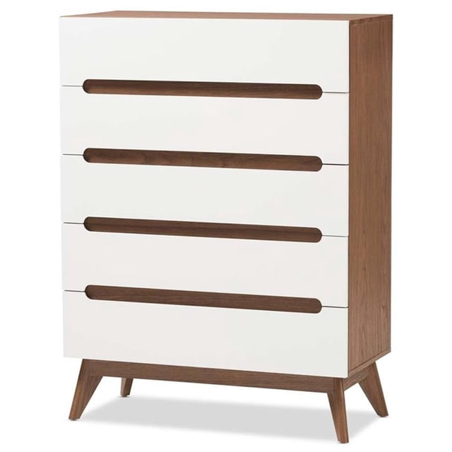 Baxton Studio Calypso 5 Drawer Chest in White and Walnut