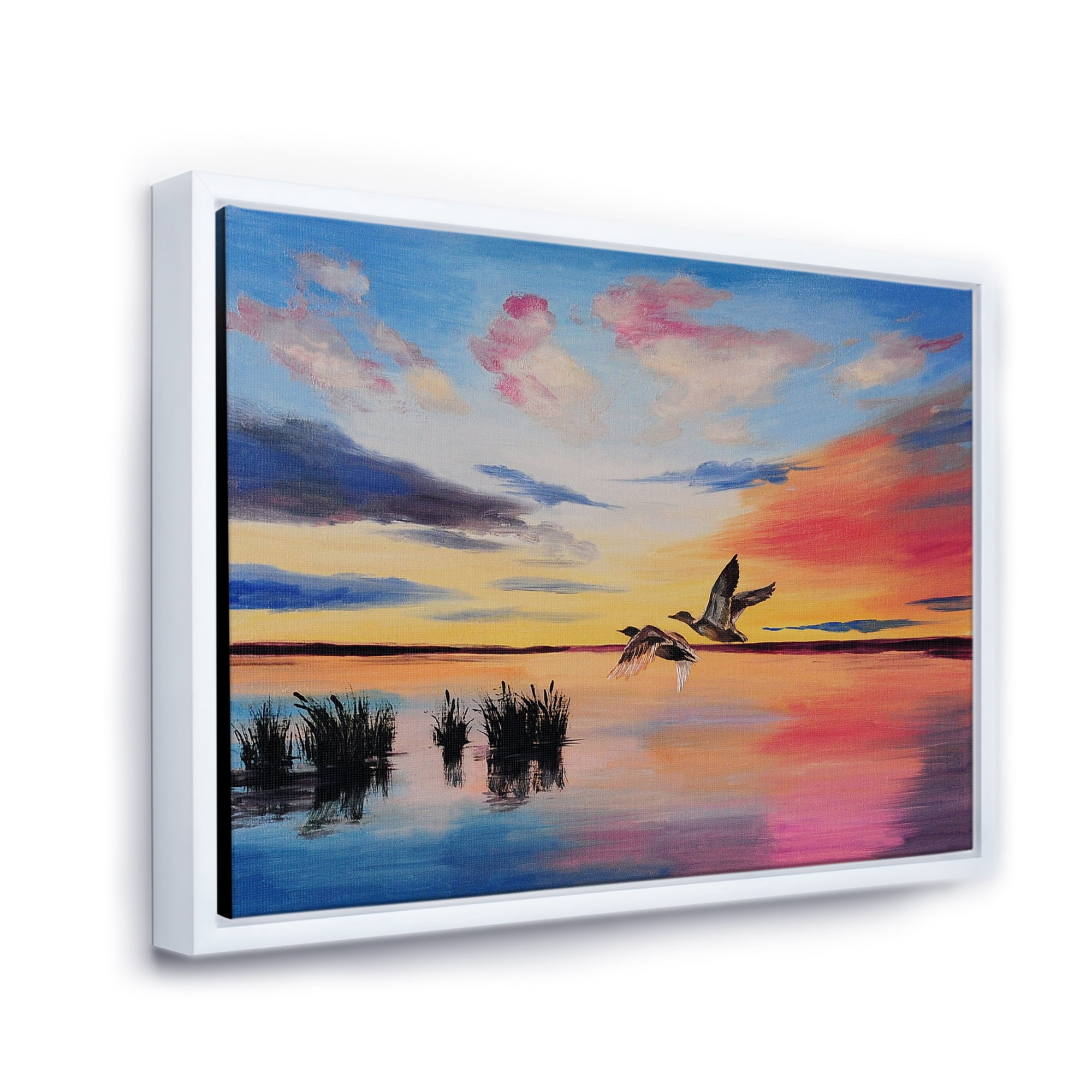Designart 'Crane Birds Flying During Colorful Sunset' Nautical & Coastal Framed Canvas Wall Art Print