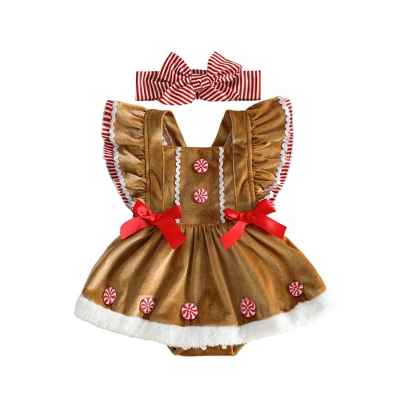 Baby Girl Christmas Outfit Gingerbread Fly Sleeve Bowknot Velvet Romper Dress Headband Set Newborn Infant Fall Winter Clothes