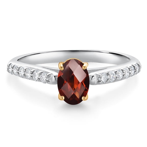 Gem Stone King 10K White and Yellow Gold Red Garnet and White Lab Grown Diamond Engagement Ring for Women (1.18 Cttw, Oval Checkerboard 7X5MM, Gemstone January Birthstone, Size 6)