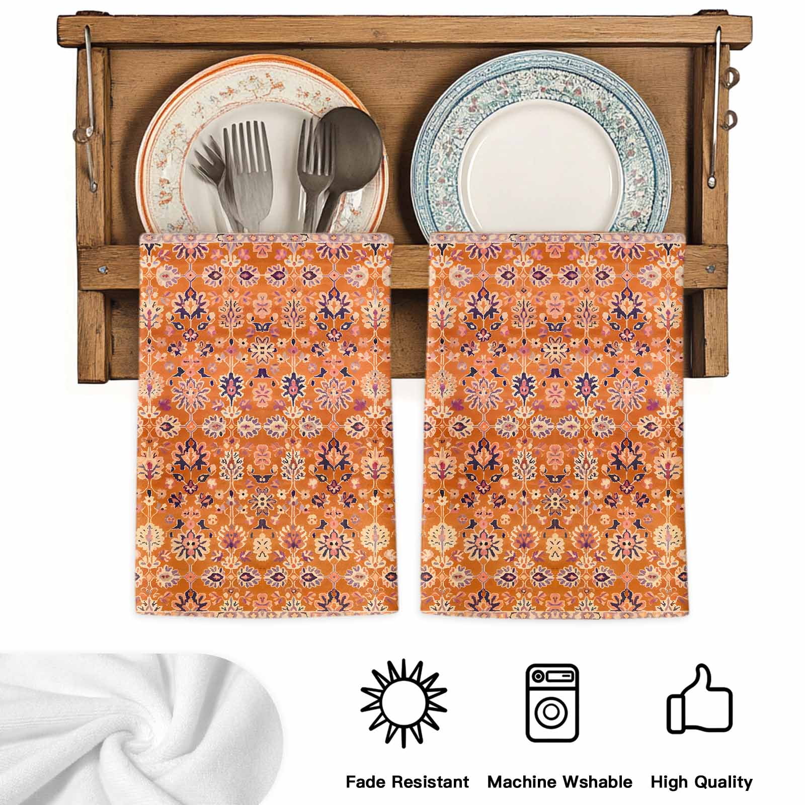 Boho Orange Kitchen Towels Set of 2, Country Style Bohemian Floral Retro Tribal Absorbent Dish Towels for Kitchen, Microfiber Hand Towel, Quick Drying Tea Towel for Cleaning Decorative Dishcloths