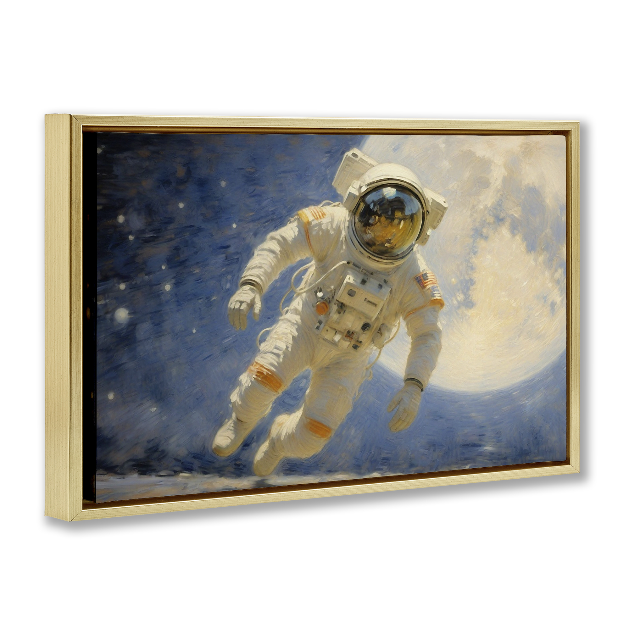 Astronaut in Vast Galaxy Gold Framed Floater Canvas Wall Art, design by Angie Hawke