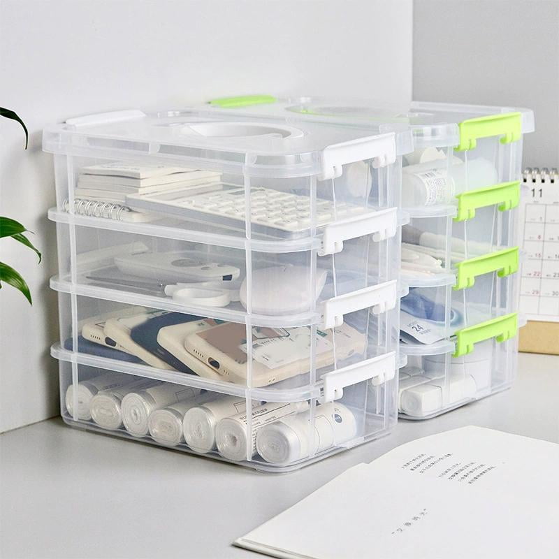 4-Tier Clear Plastic Stackable Storage Organizer with Handle, Portable Craft Supply Box for Beads Jewelry Sewing Tools, Stackable Drawer Container for Home Office Travel