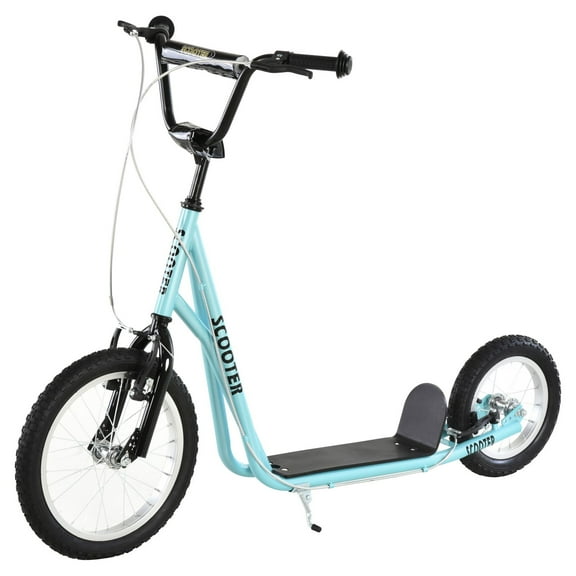 Aosom Youth Scooter Teens Kick Scooter Adjustable Handlebar Ride On Toy for 5+ with 16" Front and 12" Rear Dual Brakes Inflatable Wheels Blue