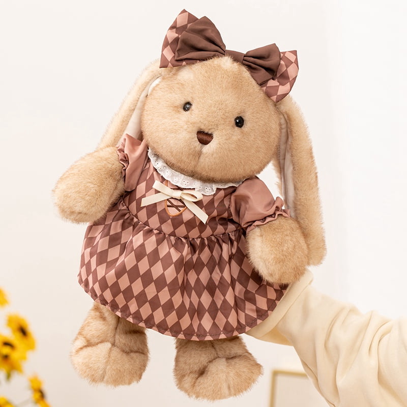 14/18in Vintage Checkered Dress Bunny Plush Toy for Kids, Soft Stuffed Rabbit Doll with Bow, Cute Decorative Plushie, Available in 2 Sizes