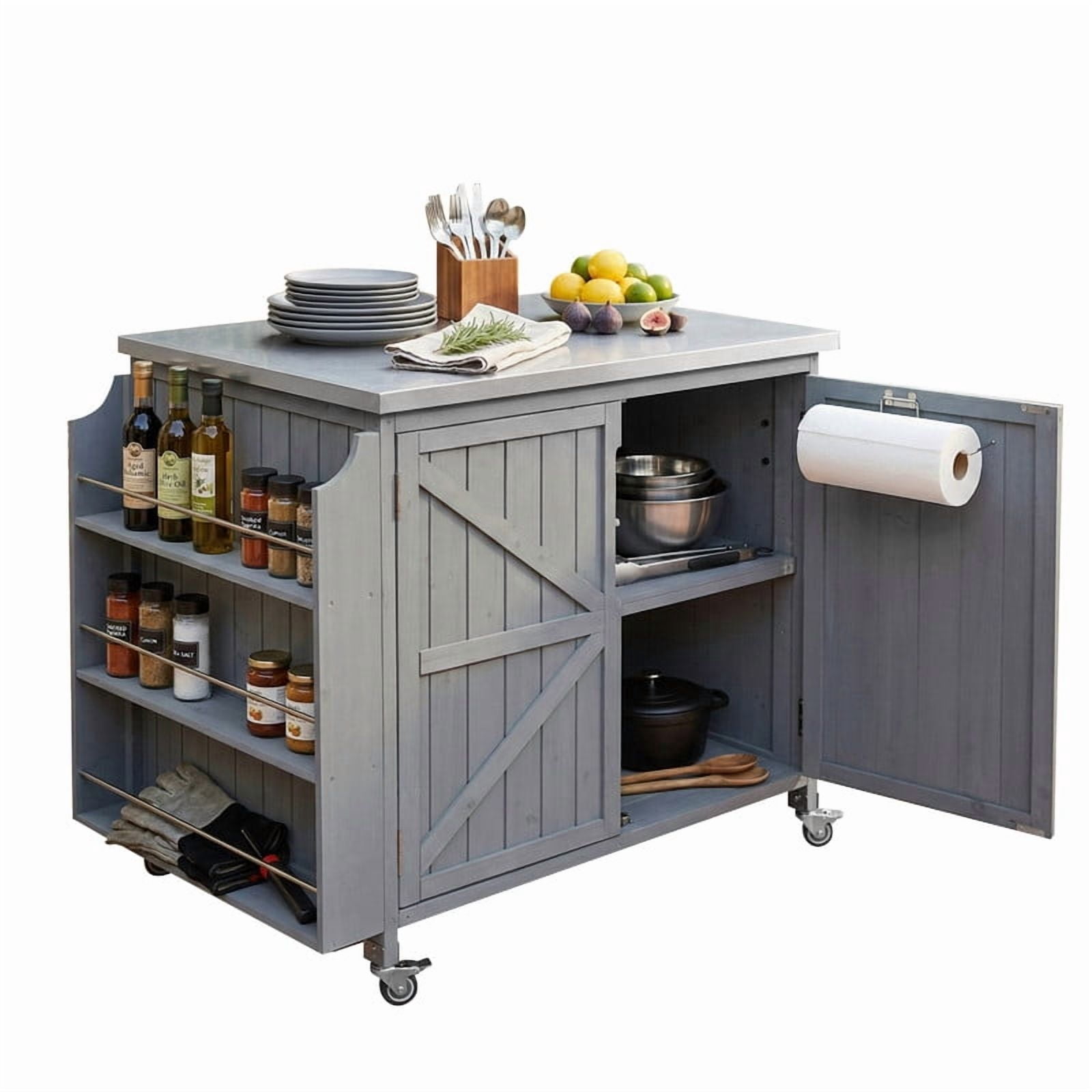 42" Outdoor Kitchen Island with Stainless Steel Top, Fir Wood Grill Cart Outdoor Storage Cabinet with Adjustable Shelf and 4 Wheels