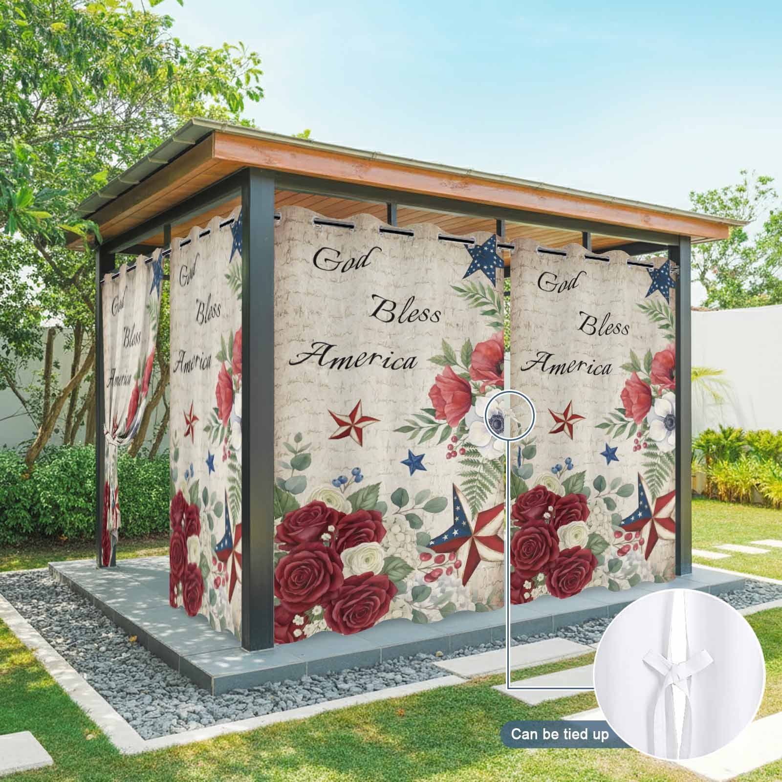 4th of July Outdoor Curtains for Patio, God Bless America Stars Red Flowers Leaf Vintage Sunshade Privacy Drapes Grommet Waterproof Outside Curtains for Porch/Cabana/Balcony 54"x 108", 1 Panel