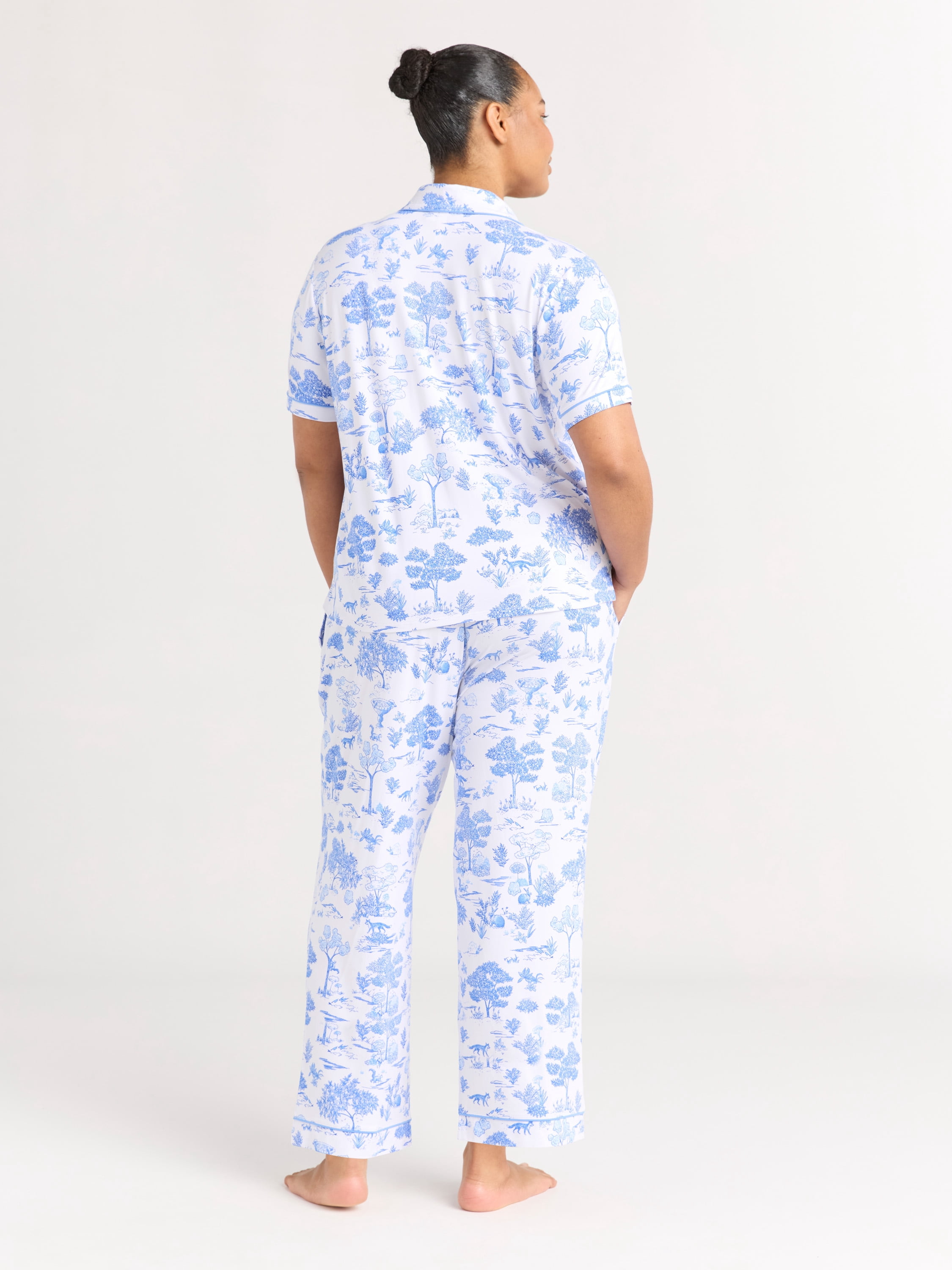 Joyspun Women's Dreamy Soft Collection Notch Collar Short Sleeve Knit Top & Capri Pajama Set, 2-Piece, Sizes XS-3X