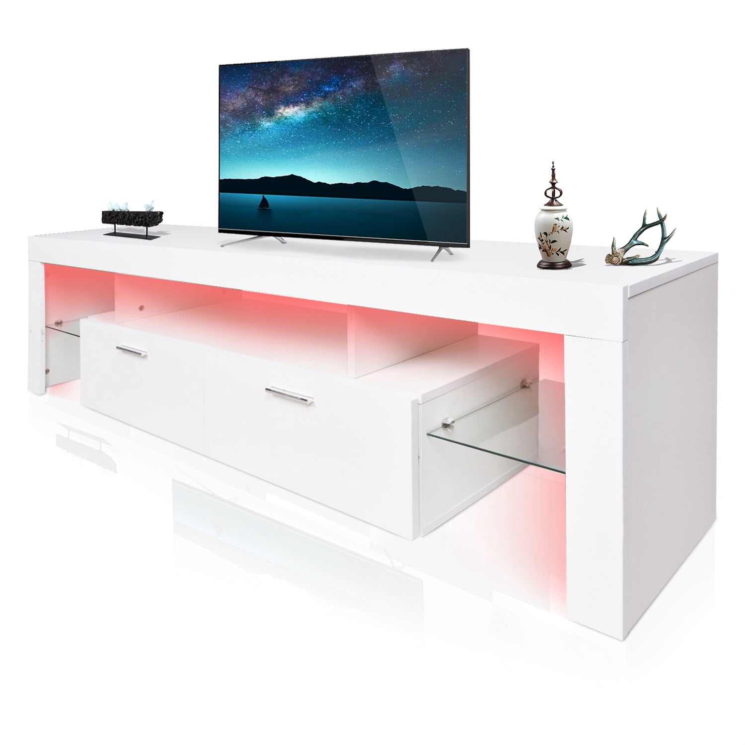 Hommoo 2 Drawers Modern TV stand with LED light, TV Media Console Entertainment Center with Storage, glass shelf Wood TV cabinet for Up to 75 inch, for Living room, Games room and bedroom, White