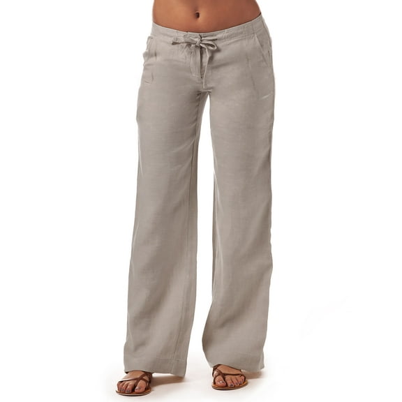 Womens Casual Linen Palazzo Trousers with Lantern Drawstring