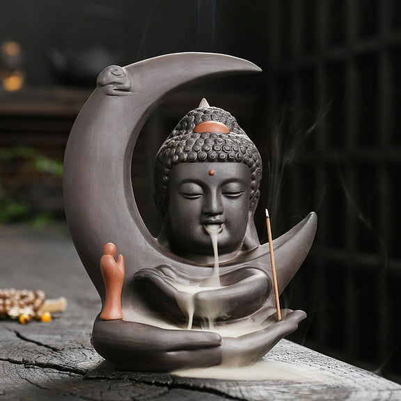 Buddha Incense Burner Backflow - Zen Ceramic Cone Incense Waterfall Burner, Moon Smoke Fountain Incense Holder with Cones & Tweezer & Fire Mat for Aromatherapy/Yoga/Home/Room/Office Deco