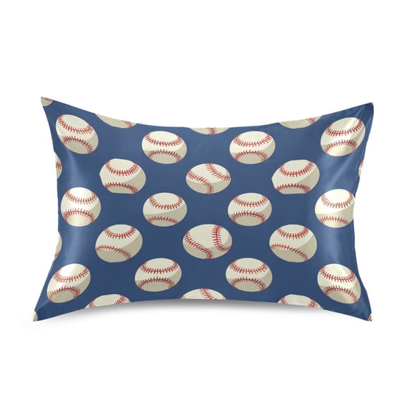 Satin Pillow Case Baseball on Blue Standard Silk Pillow Cover for Hair and Skin Envelope Closure 20"x26"