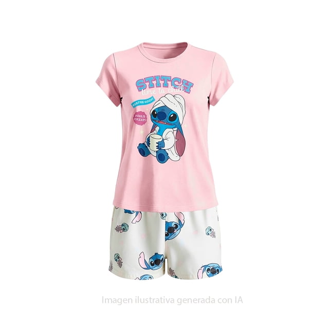 Pijama Stitch para Dama Set Playera Manga Corta con Short Multicolor Talla XCH 2 Piezas