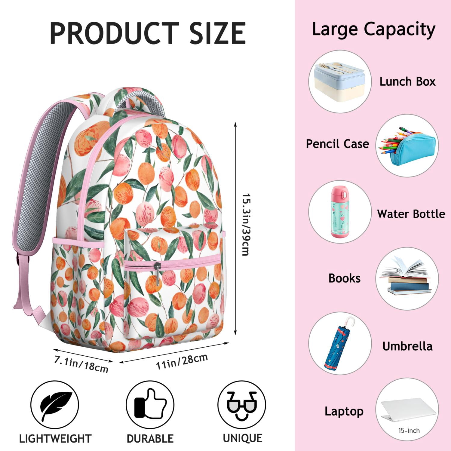 Peach Print Waterproof School Backpack - Ergonomic Student Bookbag with Padded Straps & Spinal Support, Kawaii Pink Fruit Pattern Design, Lightweight Durable Backpack for Teens, College, Commuters
