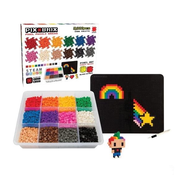 Pix Brix Pixel Art Puzzle Bricks - 3 000 Piece Pixel Art Container 12 Color Dark Palette - Interlocking Building Bricks Create 2D and 3D Builds Without Water or Glue - Stem Toys Ages 6 Plus