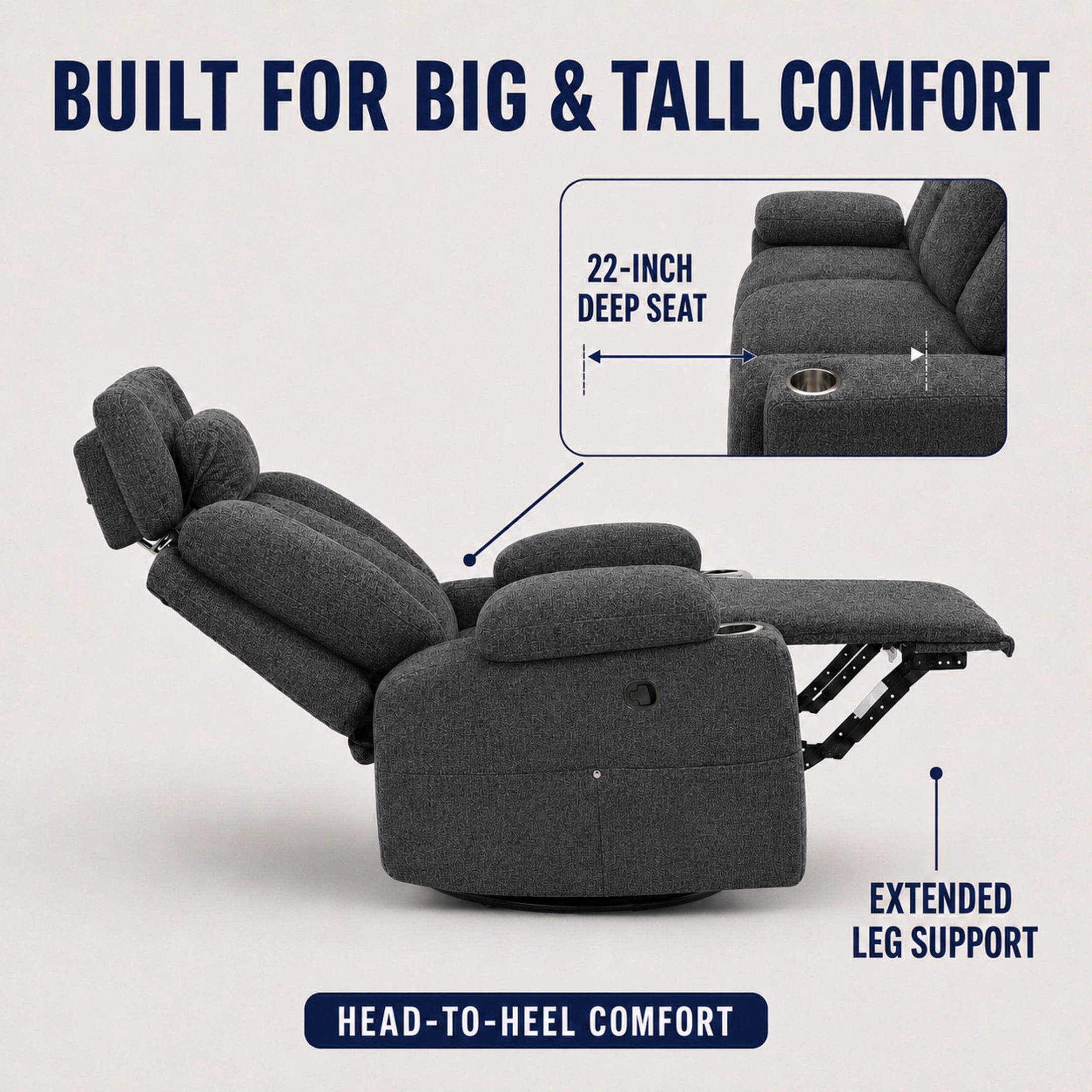 GDF Studio Turden 360° Swivel Manual Rocking Recliner with Detachable Neck Pillow, Versatile Lounge Chair, Dark Gray