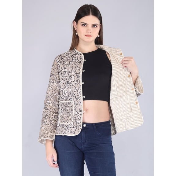Quilted Cotton Jacket Handmade Bohemian Reversible Coat Hand Block Jacket