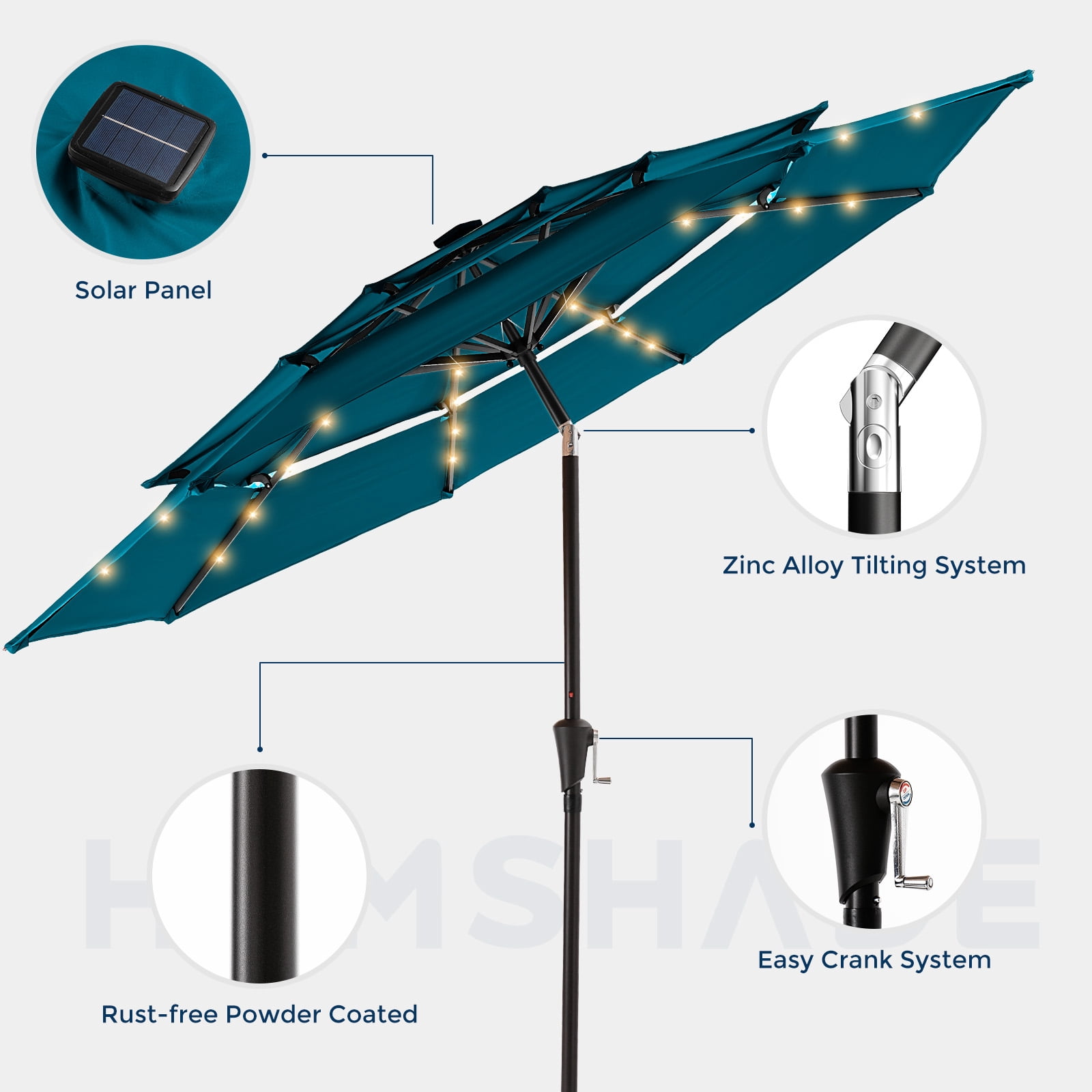 Patbrela 9ft 3-Tier Solar Patio Umbrella with LED Lights, Tilt Adjustment Outdoor Umbrella, Market Sun Shade for Beach, Backyard, Deck, Poolside, Dark Gray