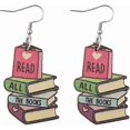 thumbnail image 1 of Funny Wooden Stackable Book Pencil Drop Dangle Earrings Stack of Books for Women Girls Classic Librarian Teacher Student Graduation Back to School Jew, 1 of 3