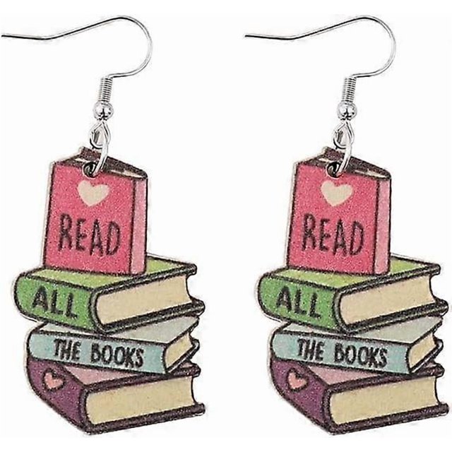 Funny Wooden Stackable Book Pencil Drop Dangle Earrings Stack of Books for Women Girls Classic Librarian Teacher Student Graduation Back to School Jew