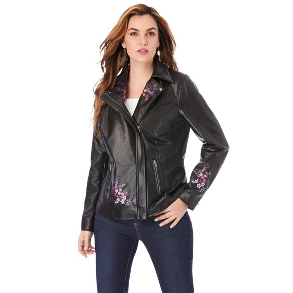 Roaman's Women's Plus Size Floral Moto Jacket Vegan Leather Jacket