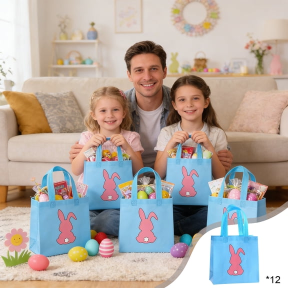 Easter Gift Bags 12 Pack with Rabbit Pattern Holiday Party Favor Bags for Small Presents in 1 Colors(1#Blue)
