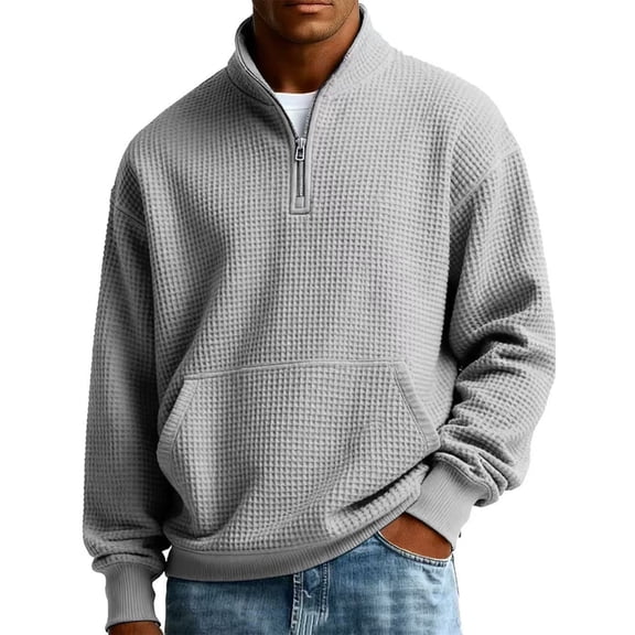 Mens Quarter Zip Pullover Waffle Knit Textured 1/4 Zip Up Sweatshirt Business Trendy Lightweight Big And Tall Shirts Gray XL