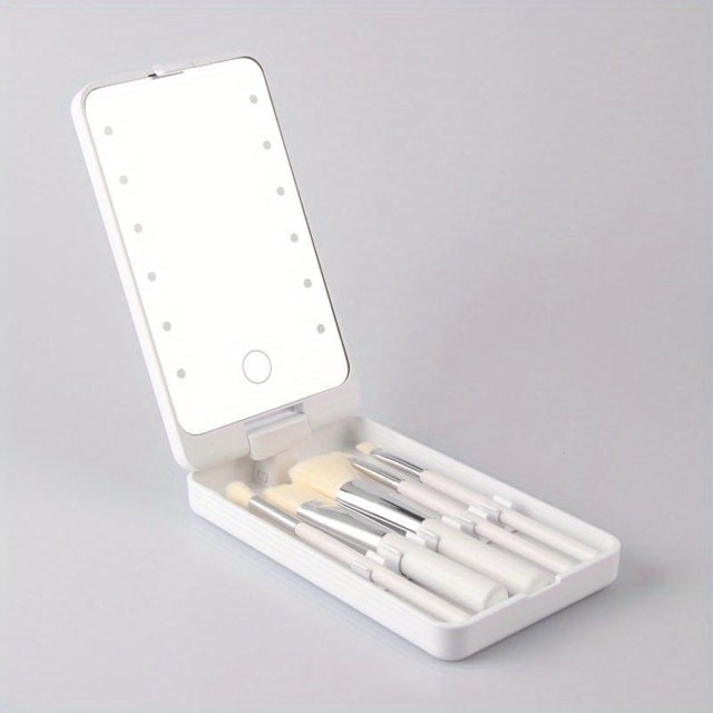 YOPTOP Portable Makeup Brush Set - Travel Makeup Brushes & Tools with Rotating Mirror Touch Control LED Lights Compact Storage Case Perfect for Daily Use and Travel Stylish Design Id,white