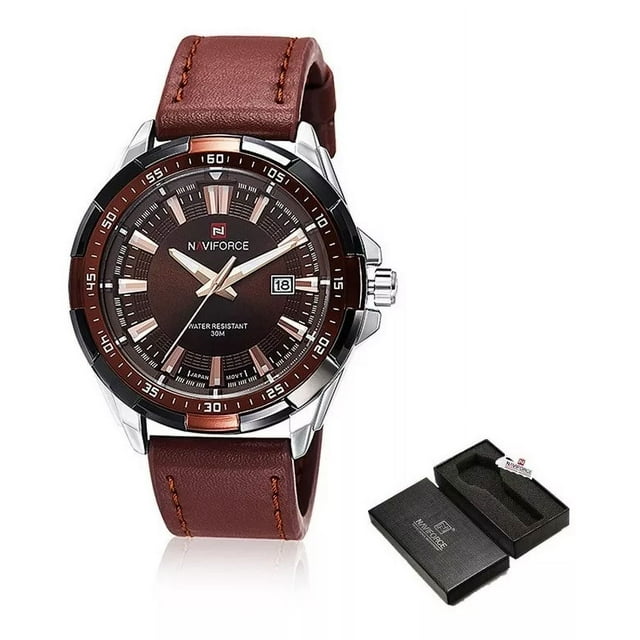 Reloj Deportivo Naviforce Original De Cuarzo Para Hombre Color De La Correa Marrón Color Del Bisel Plateado Color Del Fondo Marrón