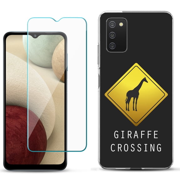 Slim-Fit TPU Phone Case Compatible with Samsung Galaxy A02s, with Tempered Glass Screen Protector, by OneToughShield ® - Road Sign Giraffe