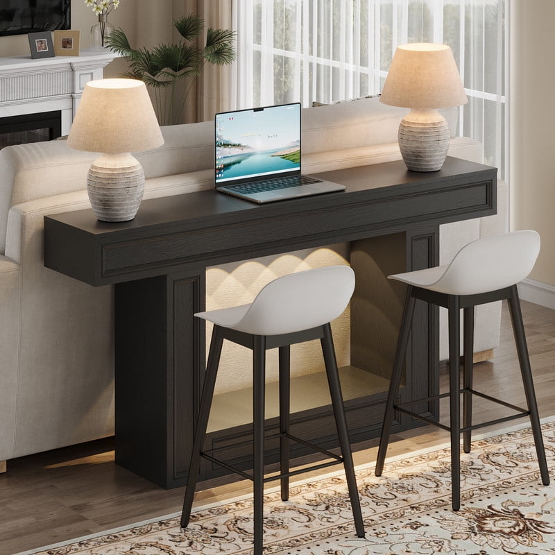 PLAMLE 63 Inch 2-Tier Console Table with Sensor Lights, U-Shaped Base Sofa Table for Entryway, Hallway, Living Room, Foyer, Narrow Small Spaces