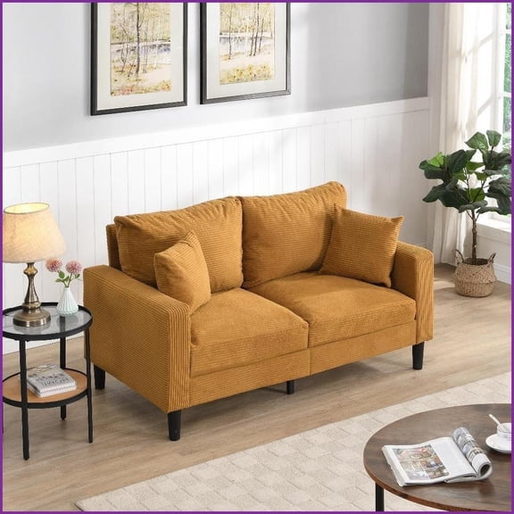 57” Modern 2-Seater Loveseat Sofa - Solid Wood Frame, Pillows for Small Spaces | Corduroy | Cushion Back | Square Arms - Orange